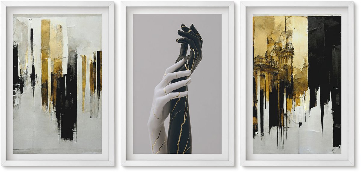 Wallfluent 3-Delige Schilderij Set - Abstracte Schilderpatronen En Twee Handen - 40 x 60 - Moderne Wanddecoratie - Woonkamer - Muurdecoratie