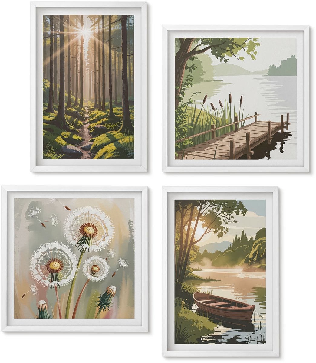 Wallfluent 4-Delige Schilderij Set - Rustige Landschappen Van Bos En Meer Met Een Boot - 40 x 40 En 40 x 60 - Wanddecoratie - Woonkamer Decoratie - Interieur Decoratie