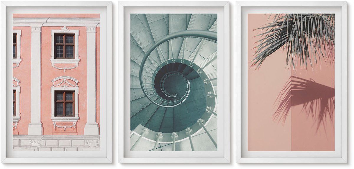 Wallfluent 3-Delige Schilderij Set - Pastelkleurige Architectuur En Spiraalpatronen - 40 x 60 - Wanddecoratie - Muurdecoratie - Woonkamer - Decoratieve Schilderijen
