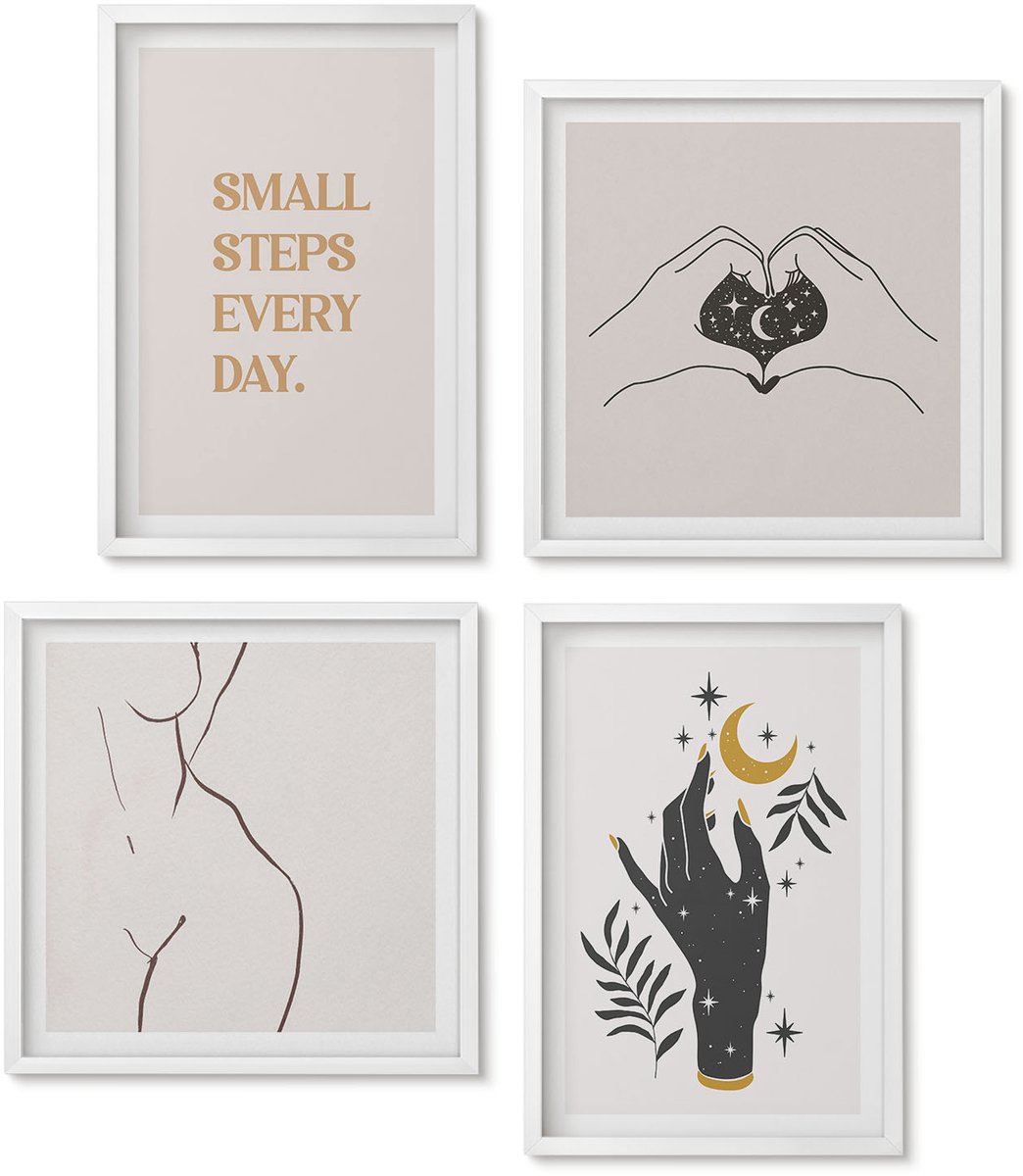 Wallfluent 4-Delige Schilderij Set - Minimalistische Illustraties Die Boho-Tekst Inspireren - 40 x 40 En 40 x 60 - Decoratieve Muurdecoratie - Slaapkamer - Wanddecoratie