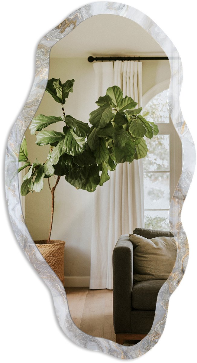 TULUP Marmerpatroon Spiegel - Grijs Elegante Rechthoekige Wandspiegel - Organische Spiegel - Badkamer, Woonkamer, Kantoor - Minimalistisch - 45x90 cm - Totale afmeting 52x97 cm MarmerpatroonPatroon, Grijs