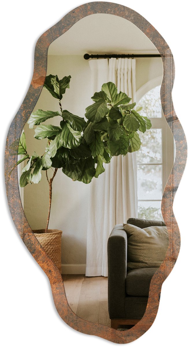 Tulup Aardse Textuur Spiegel - Bruin Stijlvolle Wandspiegel - Organische Spiegel - Woonkamer, Badkamer, Kantoor - Industrieel / Loft - 45x90 cm - Totale afmeting 52x97 cm