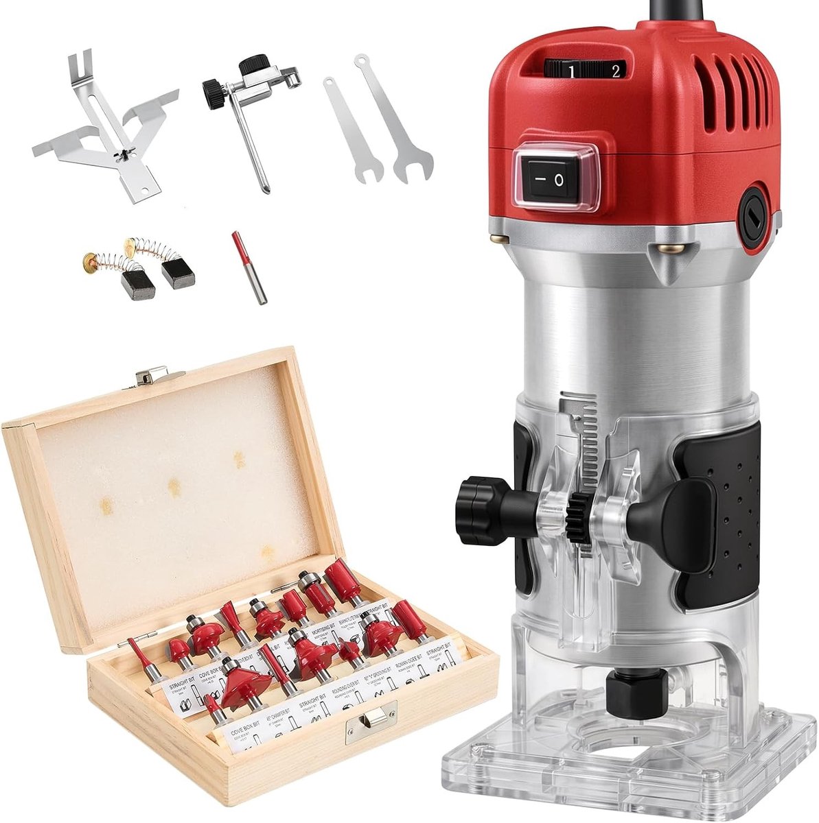 Elektrische Palm Router - Rood - 800W - Met Variabele Snelheid en 15 Router Bits - Voor Houtbewerking en DIY