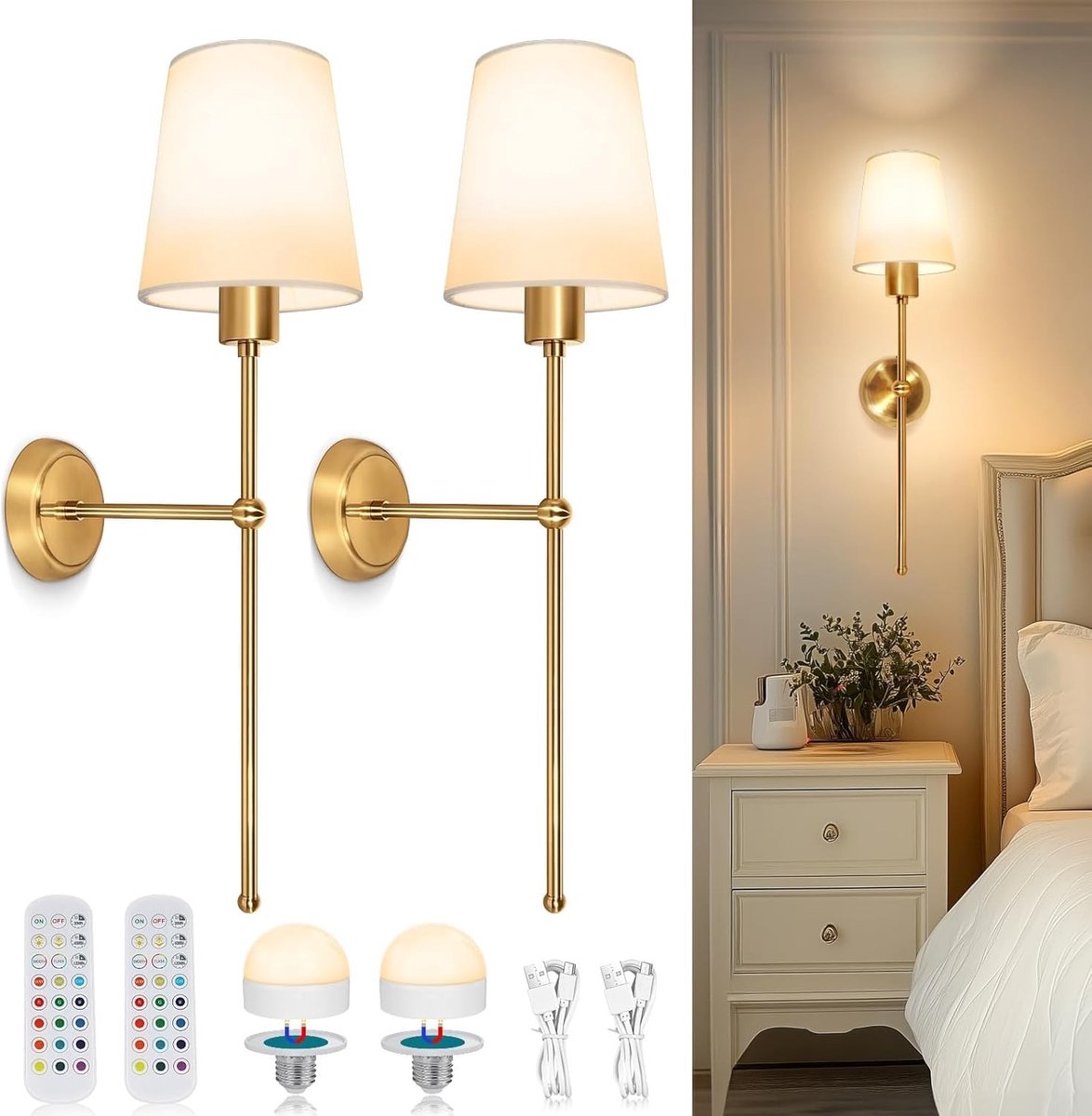 Schilderijlampje draadloos - Goud - Oplaadbaar LED Wandlampje - Met Afstandsbediening en Timer - Voor Slaapkamer en Woonkamer