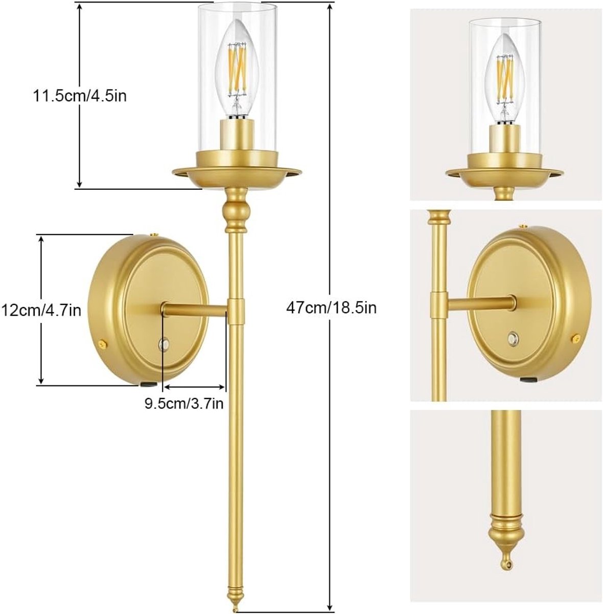 Schilderijlampje draadloos - Goud - Oplaadbare Dimbare Wandlampen Set van 2 - Metaal en Glas - Voor Slaapkamer en Woonkamer