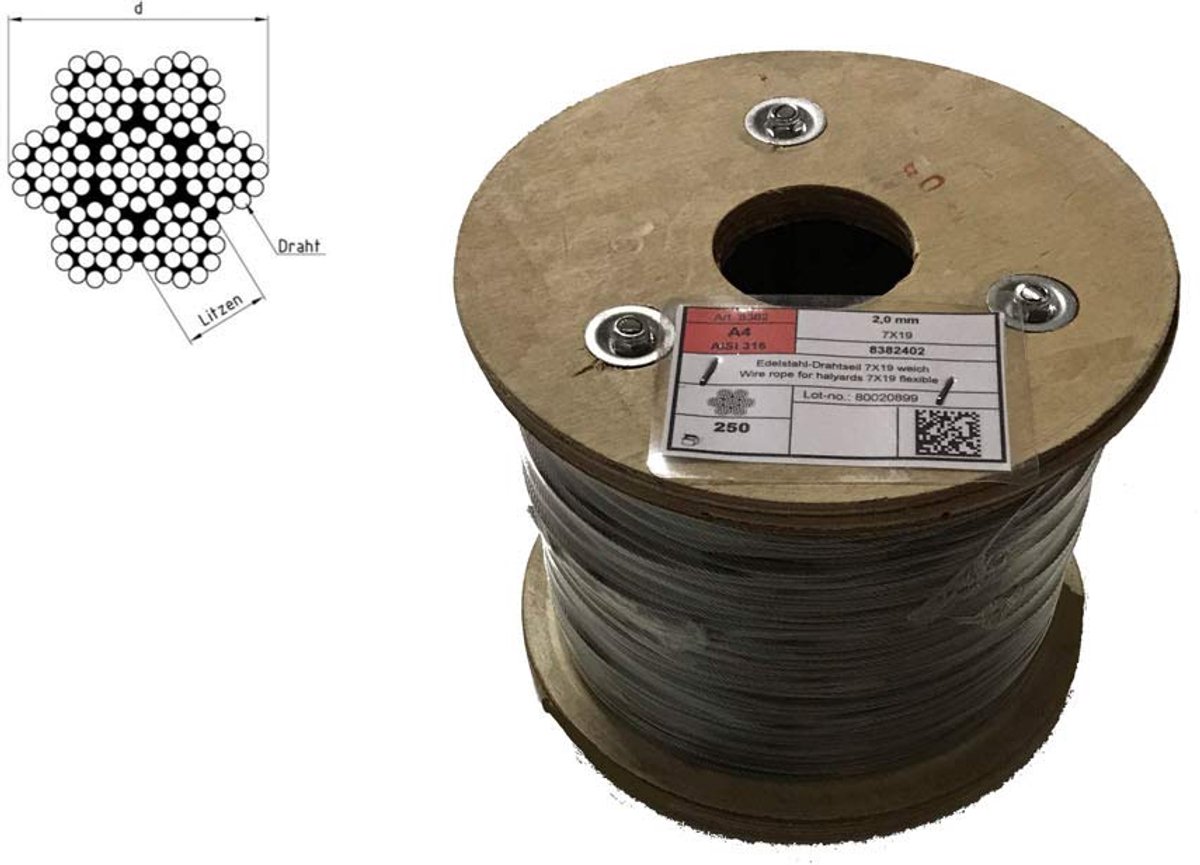 Staalkabel 4mm 20 meter - roestvrij staal A4 - 7X19 constructie - ideaal voor stevige toepassingen - ShopVlot