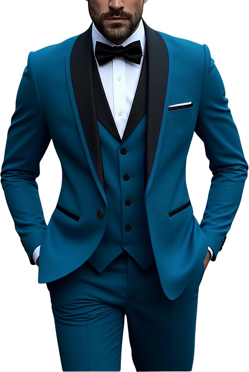 Currero 3 Delig Herenpak Met Overhemd Suit 2 Delig Tailored Fit Kostuum Business Pak Trouwpak Smoking Tuxedo Stijl Bruiloft Kantoor & Feest Meerblauw