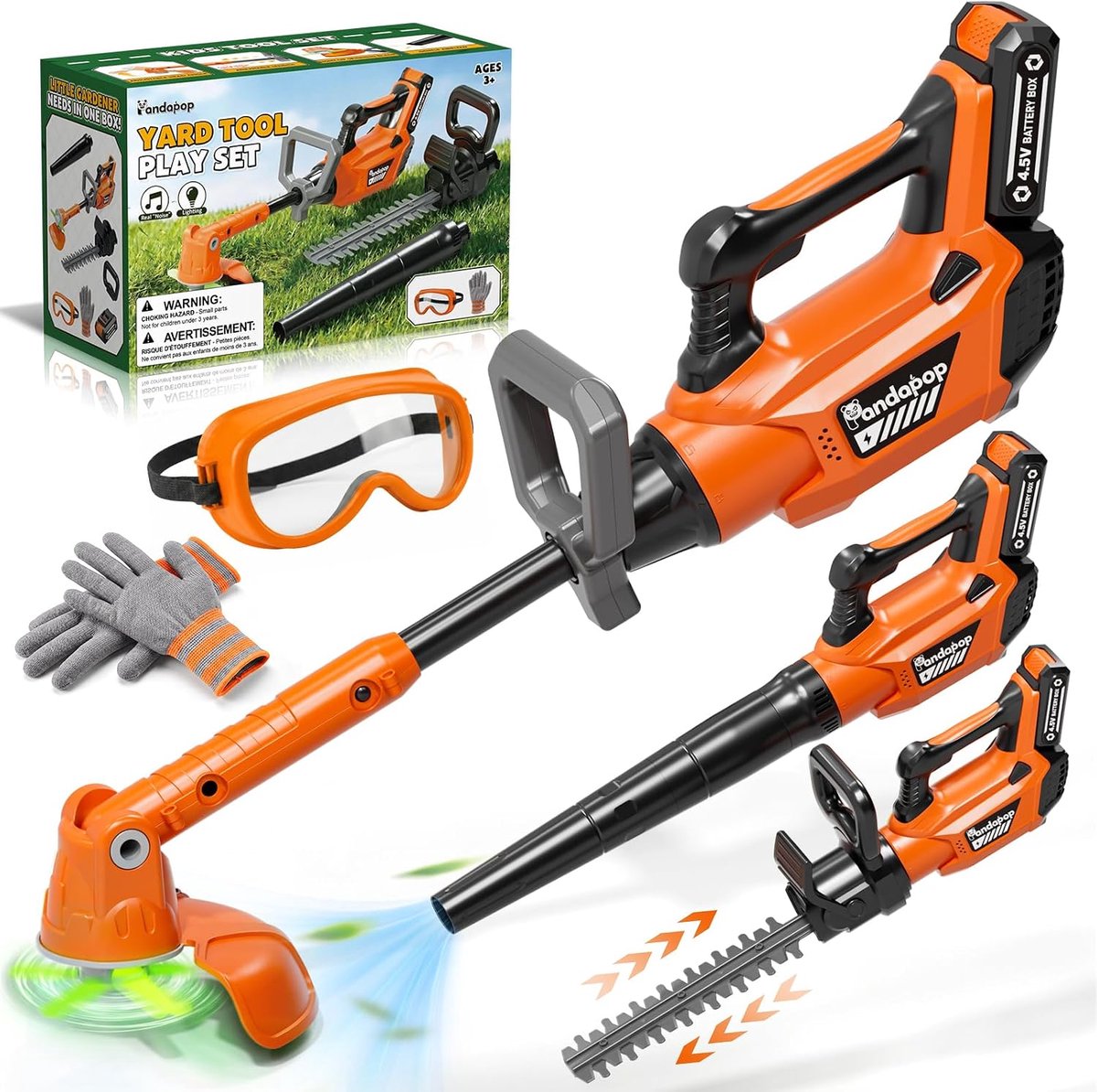 Pandapop 3-in-1 Tuinspeelgoed voor Kinderen, met Verlichte Grasmaaier, Bladblazer, Heggenschaar, Gereedschap voor - ShopVlot