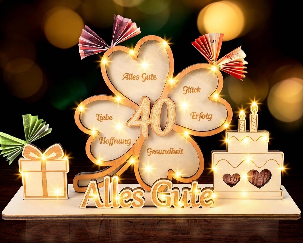 40e verjaardag vrouwen mannen - houten geldgeschenken verjaardag 40 met lichtjes wenskaart, 40e verjaardag grappige - ShopVlot