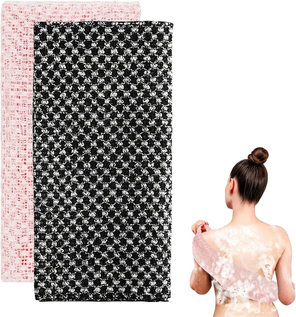 2 stuks Exfoliërende douchehanddoek, extra lang 3D-mesh rugscrubber washand, viscosevezel, roze en zwart - ShopVlot