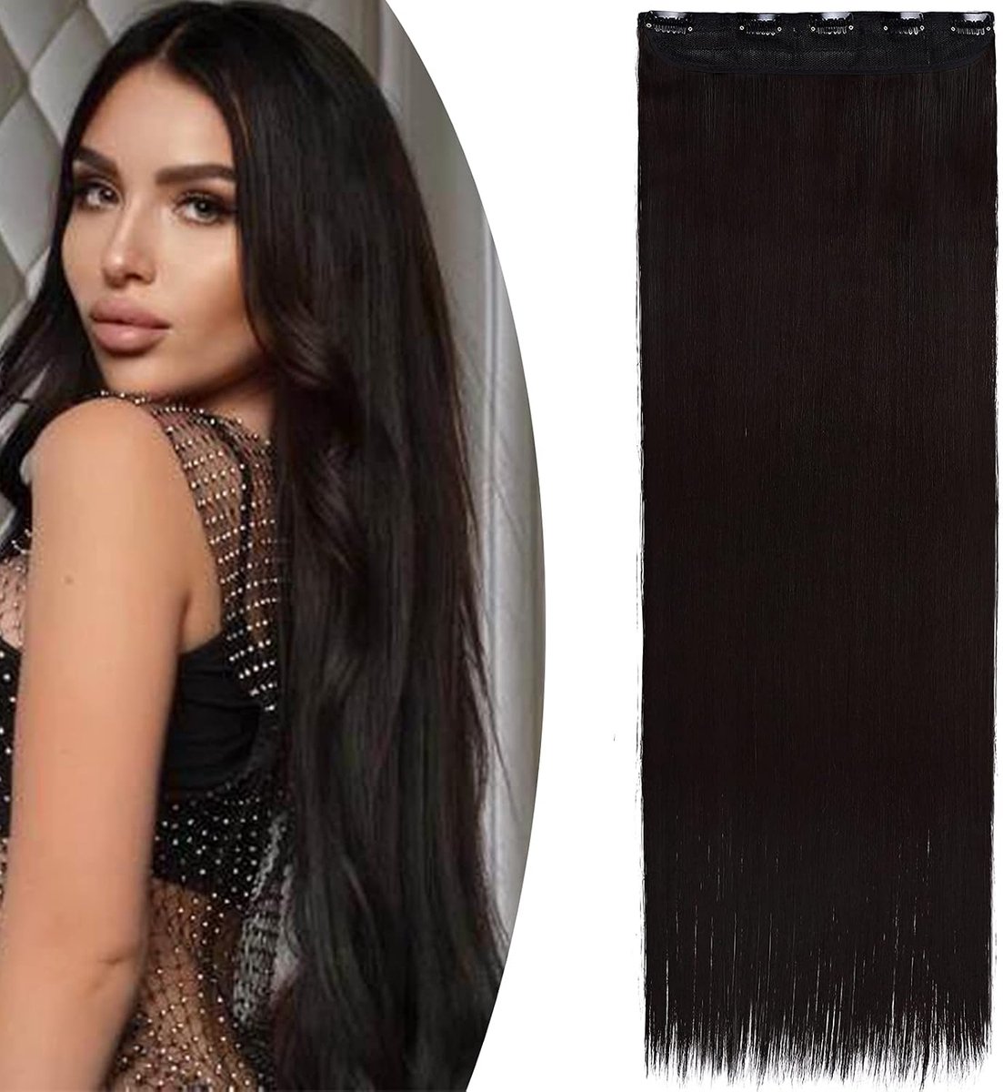 SEGO Clip-In Extensions, Hairpiece, 1 Braid, 5 Clips, Human Hair Extensions, Straight Hair, 76 cm-130 g, Dark Brown-1 - ShopVlot
