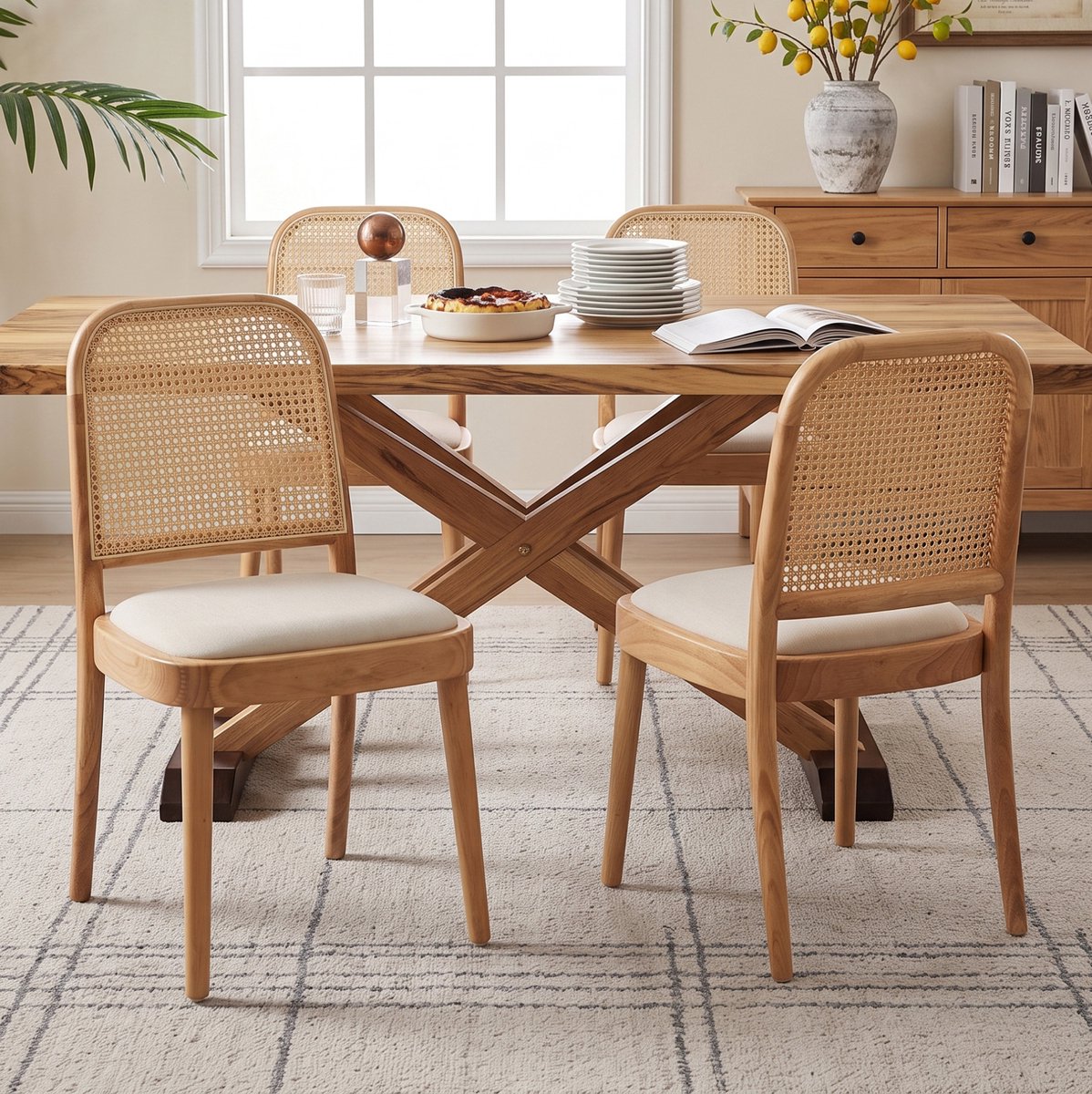 Eetkamerstoel Set Van 6 84 Cm Hout Rotan Rugleuning En Linnen Zitting Voor Eetkamer Woonkamer En Café In Wood Kleur