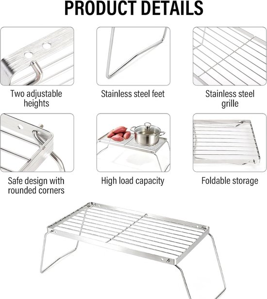 Folding Stainless Steel Grill Grate, 30 x 16 cm, Camping Grill with 2 Heights, Foldable Outdoor Grill for Fire Bowl - ShopVlot — afbeelding 2