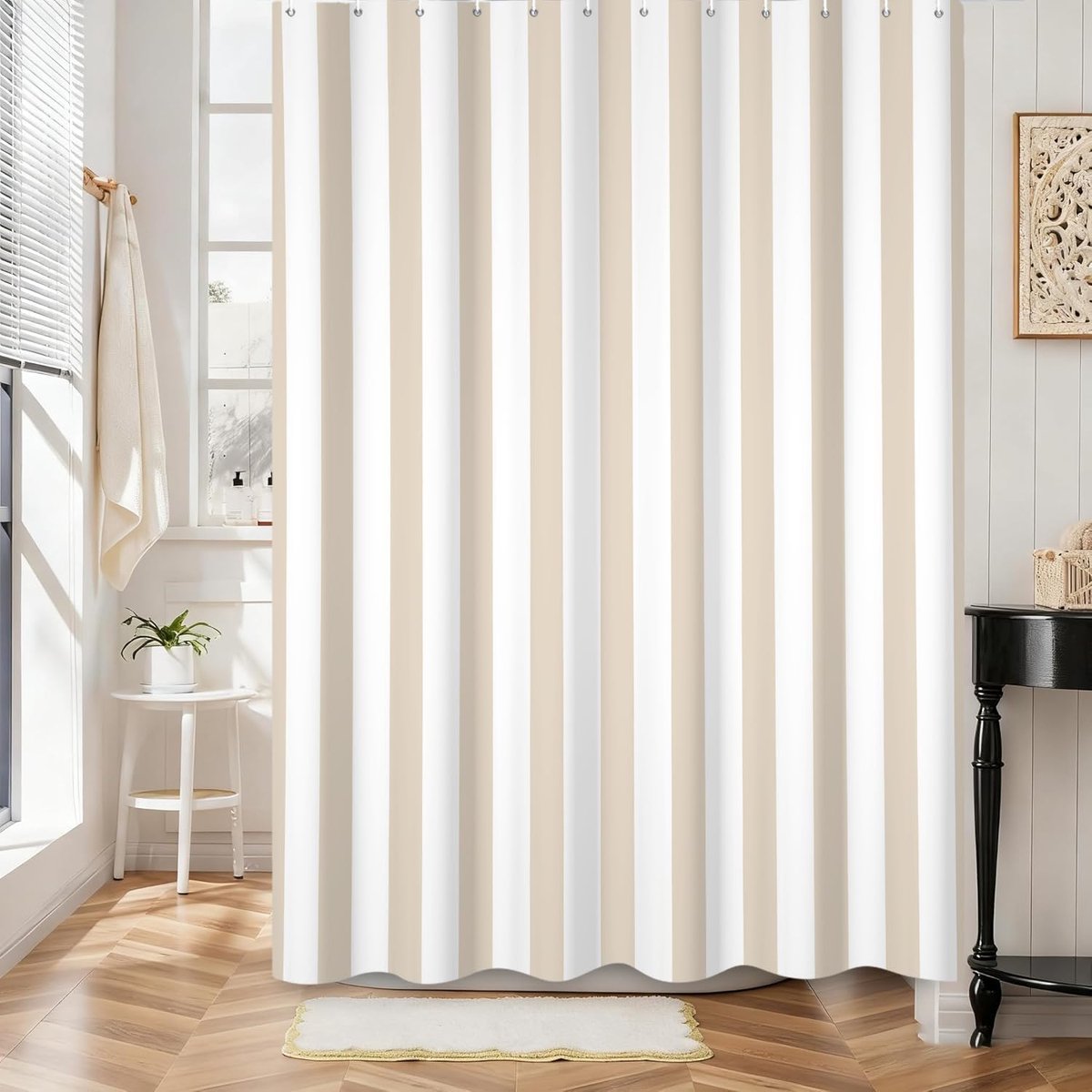Vertical Stripes Shower Curtain 180 x 180 cm Beige and White Stripes Vintage Abstract Modern Minimalist Polyester - ShopVlot