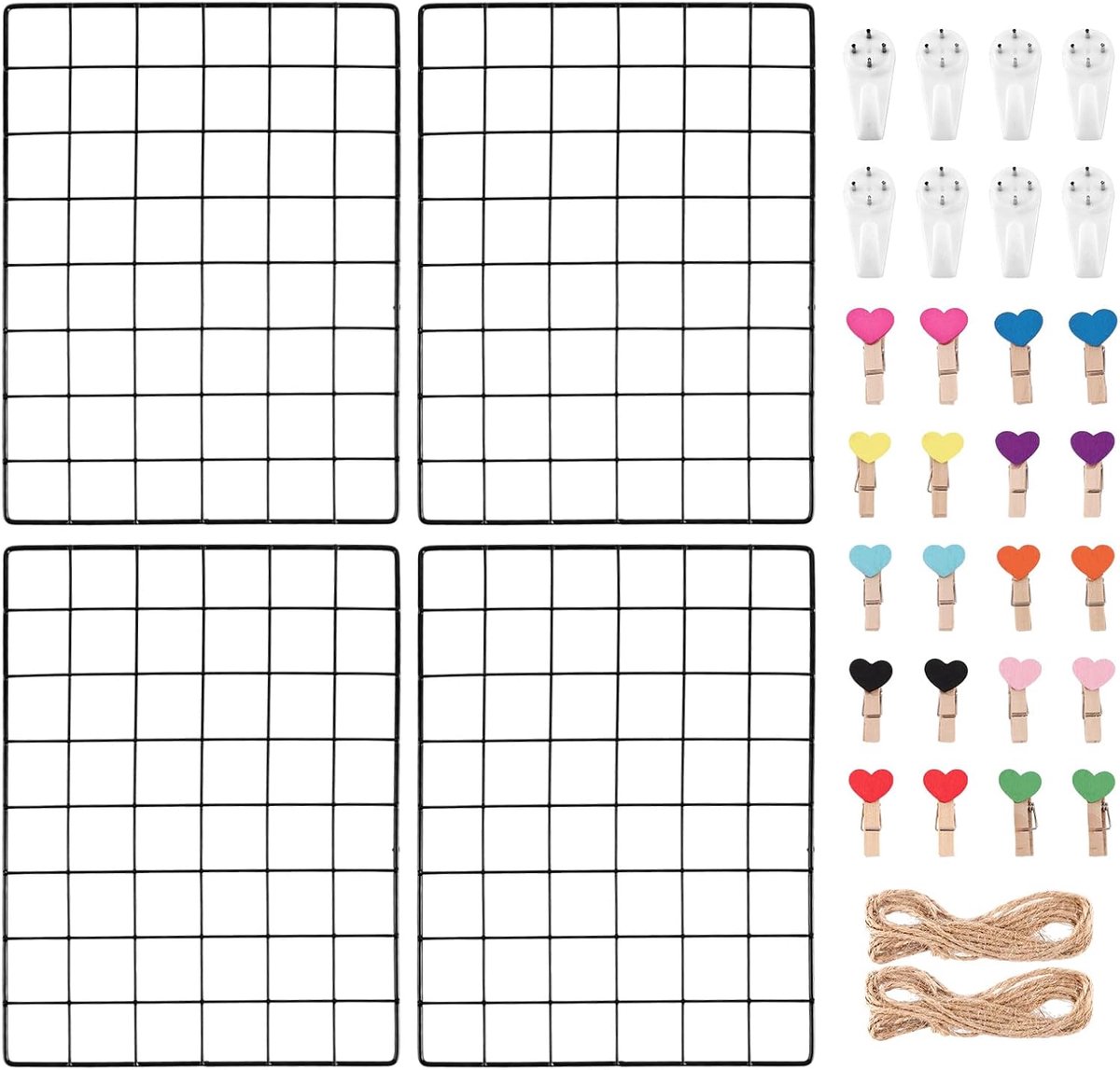 4 Pieces Metal Grid, Wall Grille 40 x 30cm Black with Wooden Clips, Jute Rope and Hooks for Photo Rack, Memo Board - ShopVlot