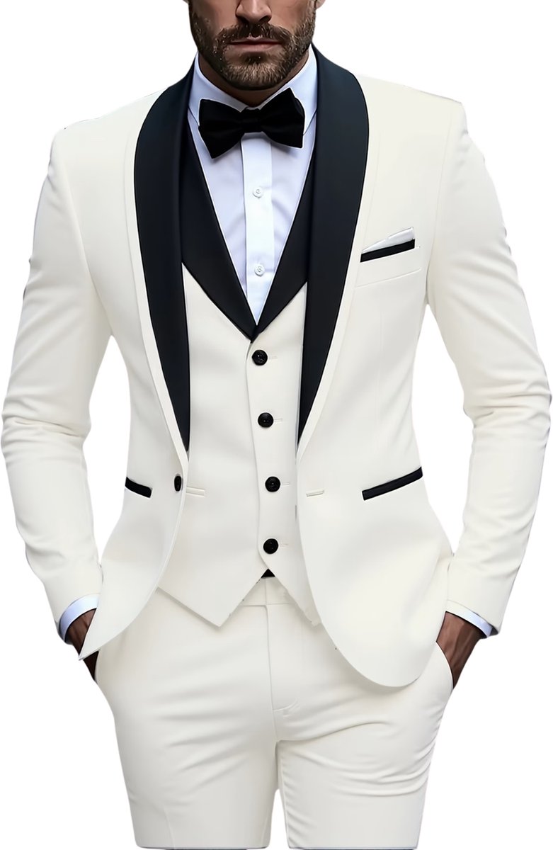 Currero 3 Delig Herenpak Met Overhemd Suit 2 Delig Tailored Fit Kostuum Business Pak Trouwpak Smoking Tuxedo Stijl Bruiloft Kantoor & Feest Wit