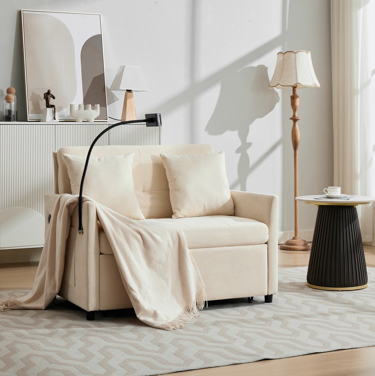 MODENUIT Slaapbank 1-Zits - Opvouwbaar Met USB En Tablet Houder - Voor Woonkamer En Studio - Polyester - Beige