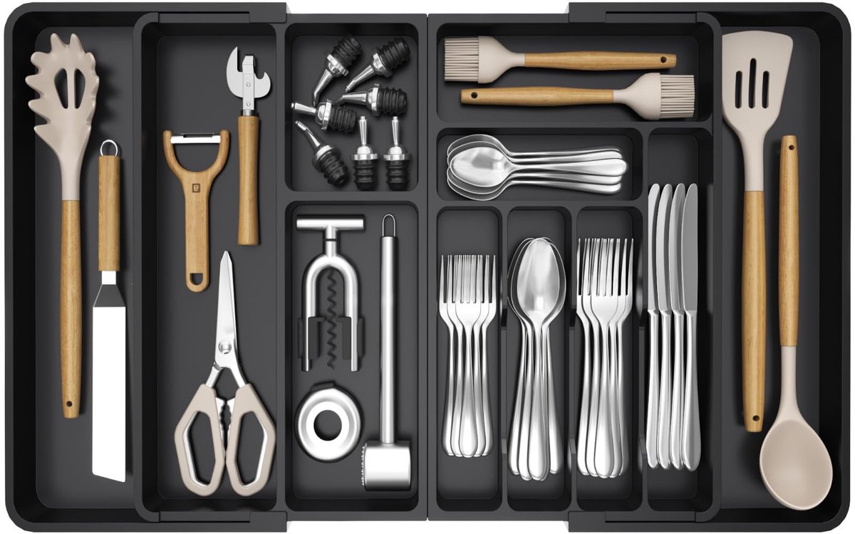 Famanu – Grote lade-organisator voor bestek, plastic kookgerei tray, uitbreidbaar van 45,1 cm tot 91,4 cm, verstelbare houder voor lepels, messen, vorken en spatels, zwart