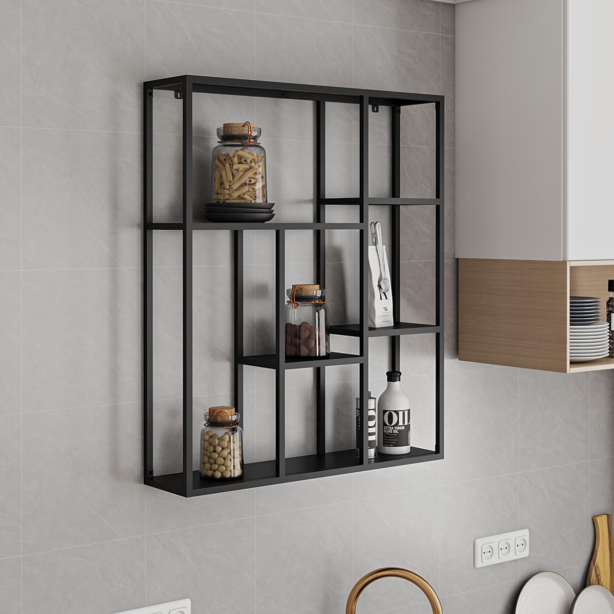 Famanu – Wandplank van staal, 90 x 75 x 18 cm, zwart