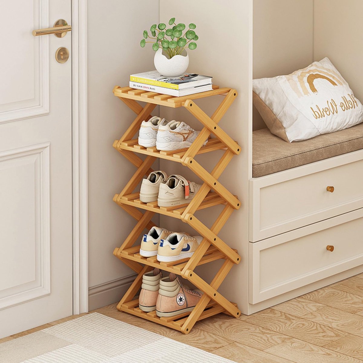 Famanu – Bamboe schoenrek, opvouwbare schoenenorganizer, vrijstaand plankje voor in de gang, kast of slaapkamer, natuurlijk houtkleur, 5 lagen