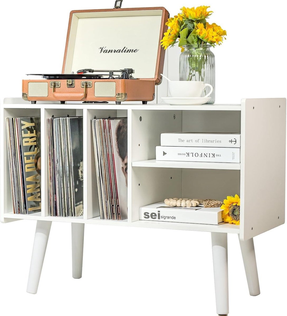 Platenspelerstandaard - Wit - 80,3 x 39,6 x 67,8 cm - Houten Meubel met Vinylopslag - Voor Woonkamer en Slaapkamer
