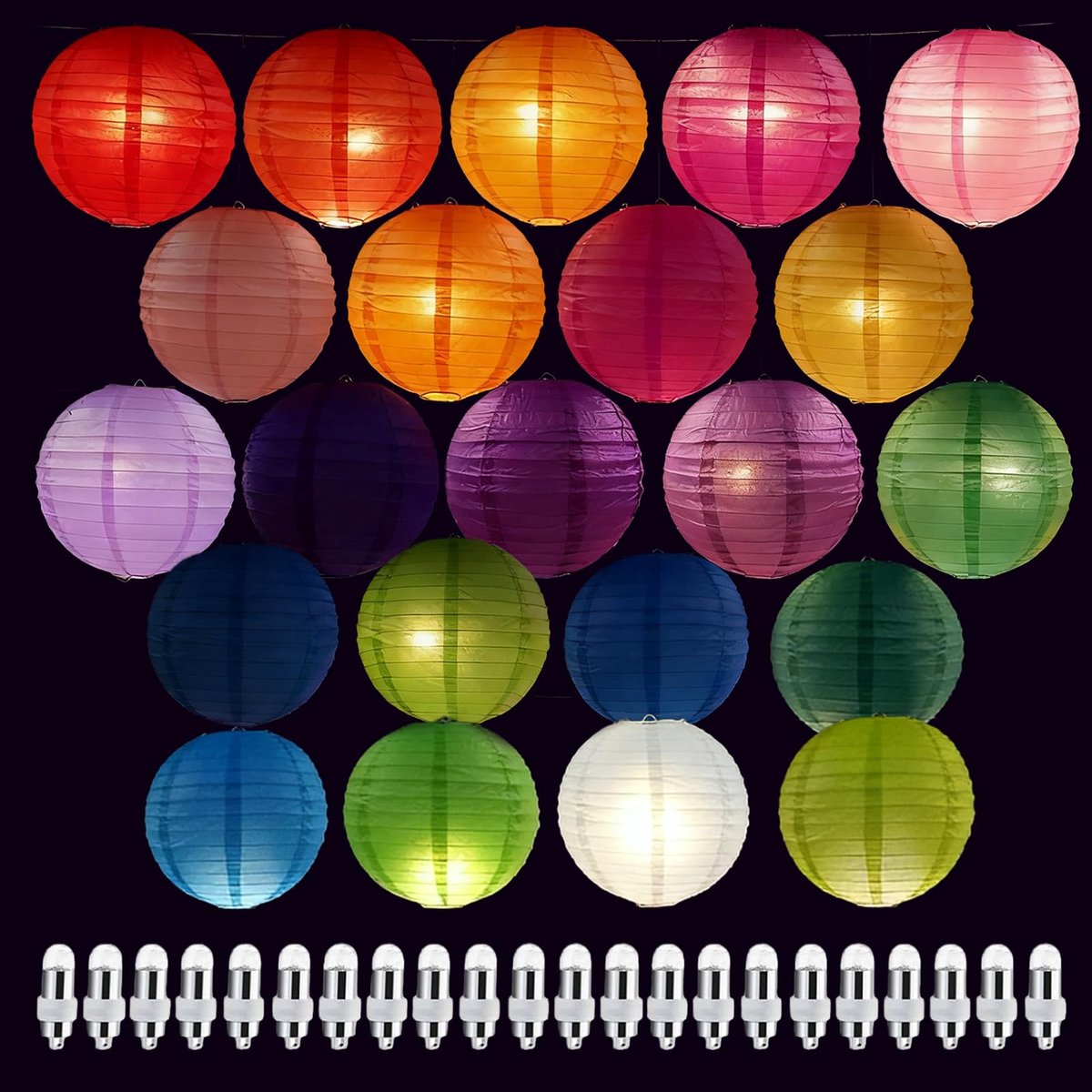 LEKEFETO 22 stuks kleurrijke lantaarns papieren lantaarns met 22 warmwitte led-ballonnen, kleurrijke ronde papieren - ShopVlot