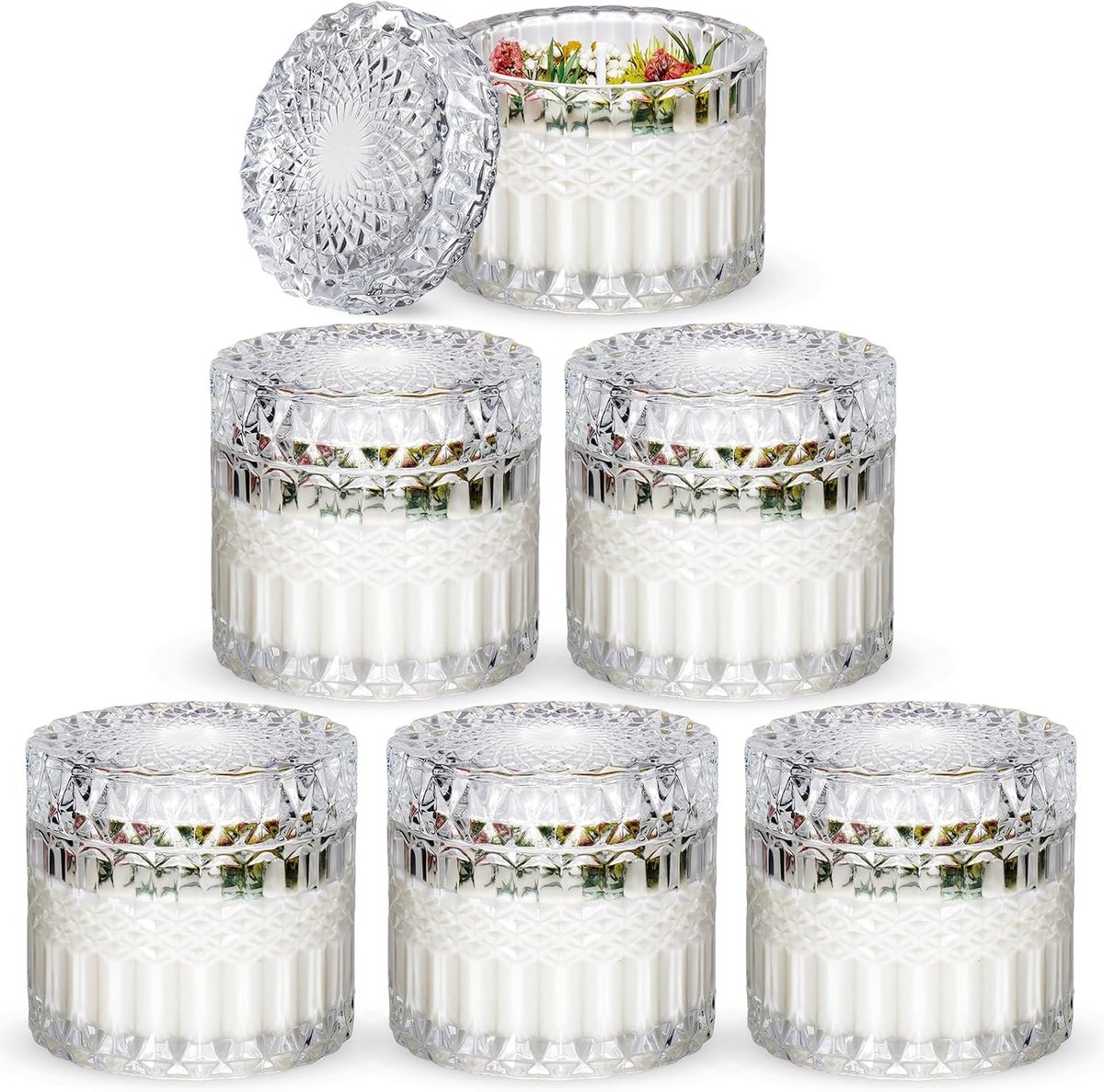 NiHome Candle Glass with Lid, 225ml, 6 Pieces, Multifunctional Storage, Unique Embossed Design for Home Decoration - ShopVlot