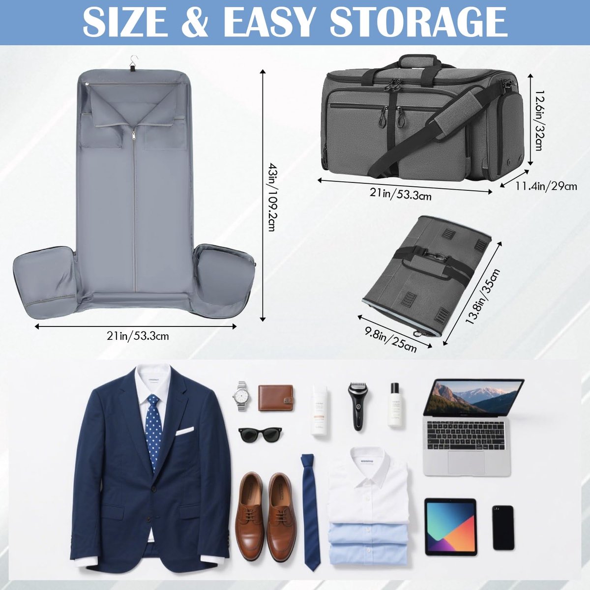 BlesMaller Wandelbare kledingzak, uniseks, opvouwbare reiskostuumtas, 2-in-1 reistas, handbagage voor business, sport - ShopVlot