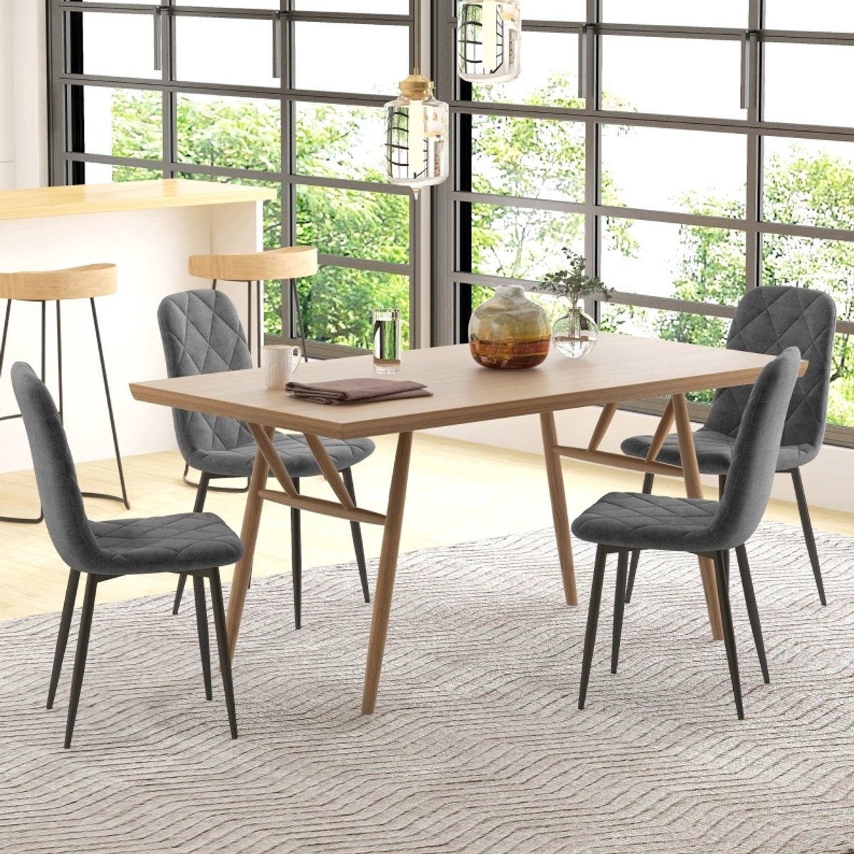 FloraGrace Eetkamerstoel Set van 4 - 45 x 54 x 87 cm - Met Gevoerde Zitting En Stevige Rugleuning - Voor Eetkamer, Keuken En Woonkamer - Metaal En Fluweel - Grijs