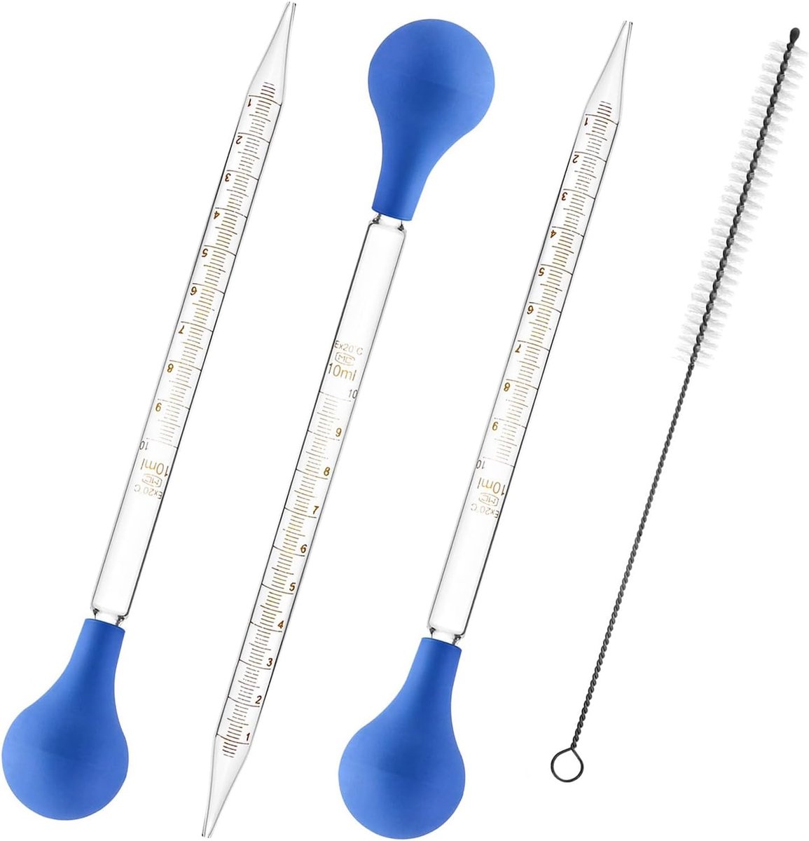 Glazen pipet druppelaar, 3 stuks glazen pipet 10 ml met rubberen pipetteerbal en reinigingsborstel, druppelpipet - ShopVlot