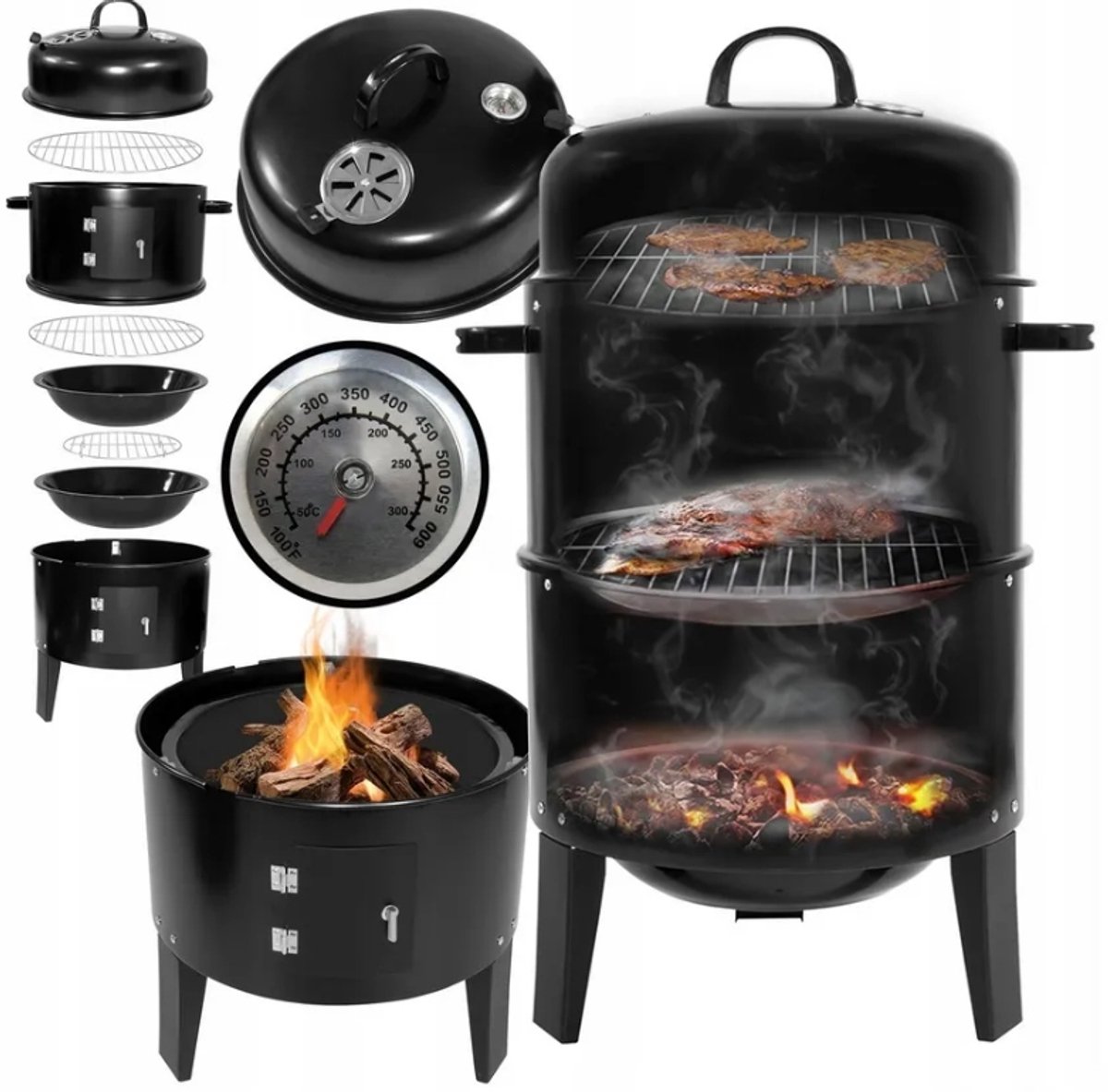Merkloos 3-in-1 Koolgrill, Roker & Vuurkorf met Thermometer