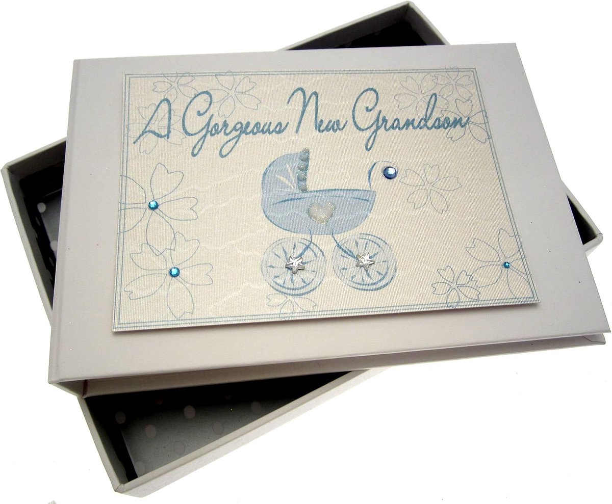 Fotoalbum klein - witte katoen - blauw kinderwagen motief - ideaal aandenken voor baby's - ShopVlot
