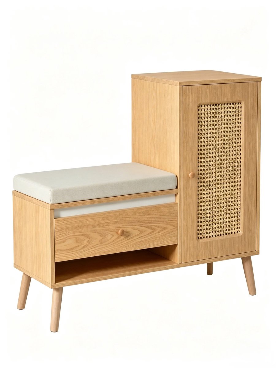 Archi Schoenenbank met Opbergruimte – Opbergkast - Zitbank - Schoenenkast met Zitkussen – Rotan Deur – 95,5 cm – Naturel Hout
