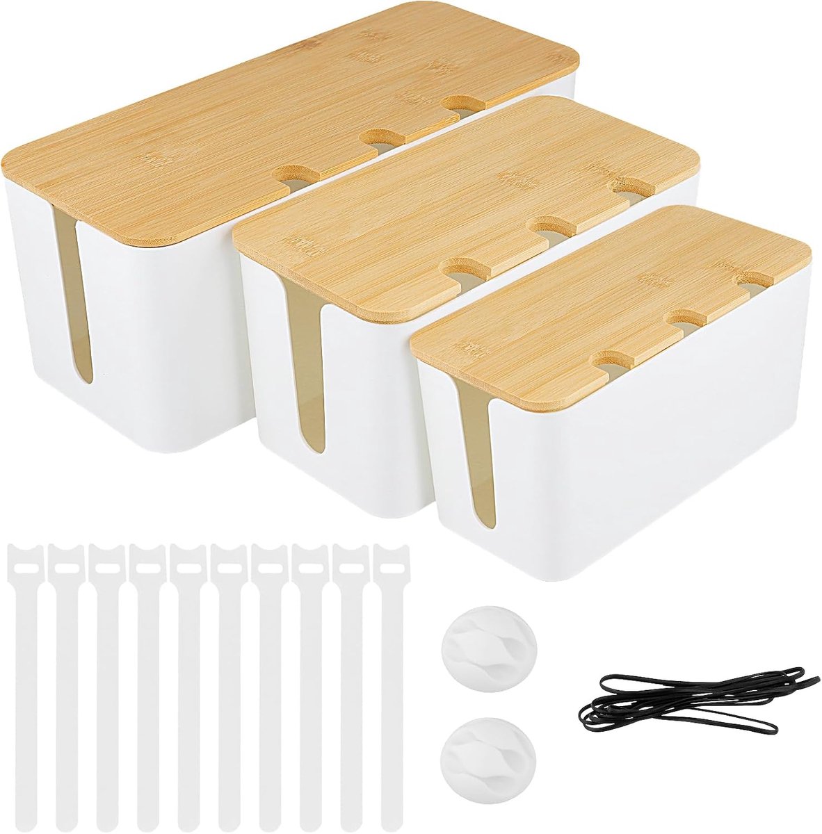 3-piece cable box set with bamboo lid, 3 sizes, white, cable box with power strip, cable management box for power - ShopVlot