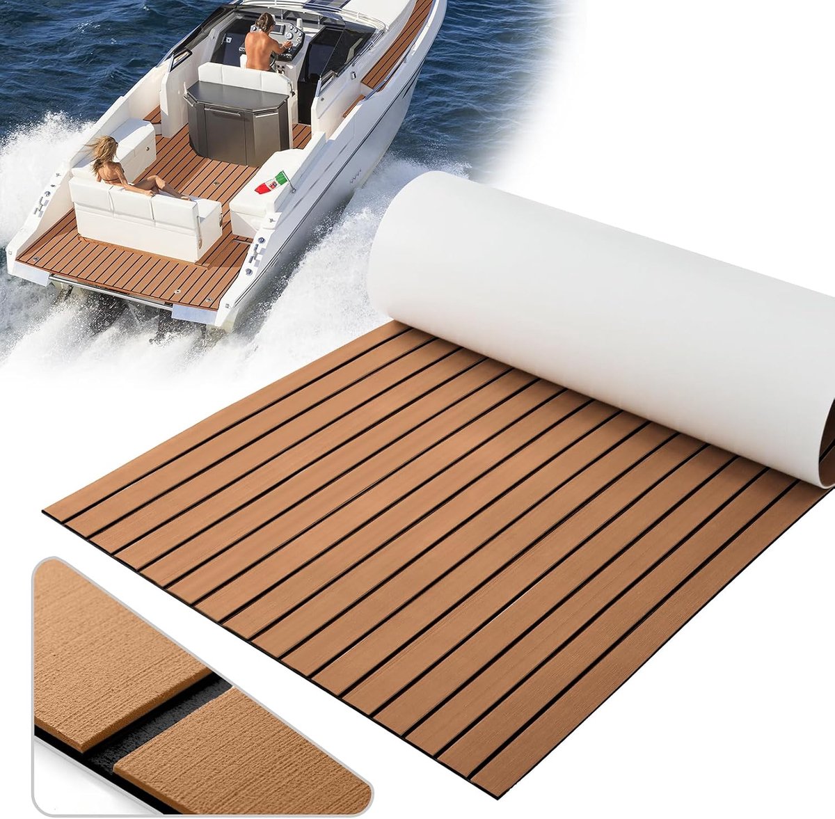 EVA Teak Marine Floor Mats, Self Adhesive Mats with Self-Adhesive Backing, Non-Slip, UV Resistant, Imitation Teak Rugs - ShopVlot