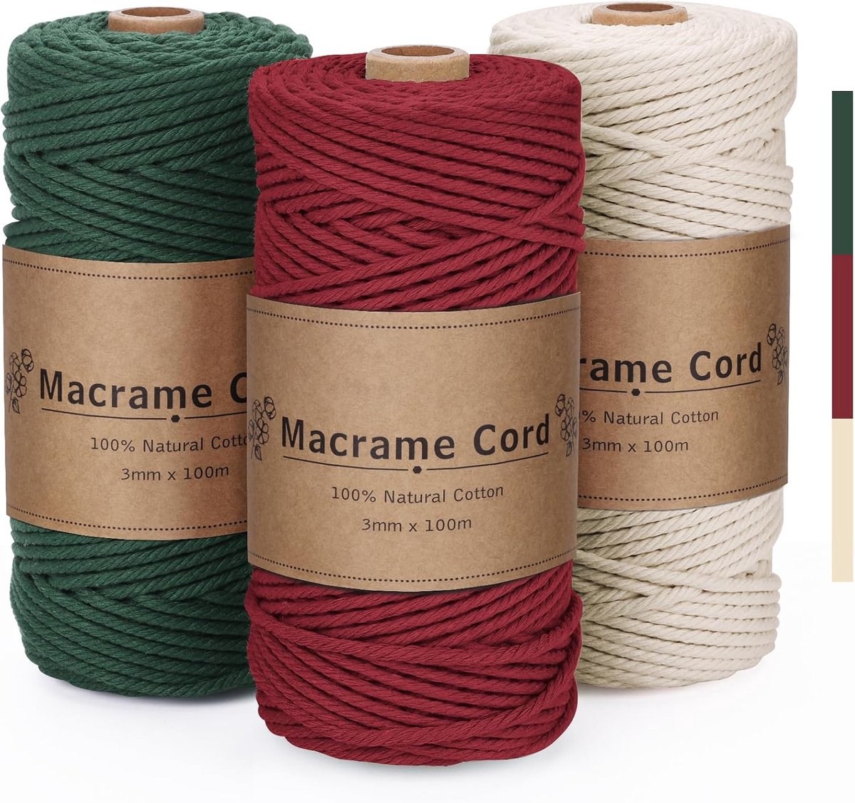 PUWOWYE Macrame Yarn 3 mm Red Green Beige Macrame Cotton Yarn Natural for Christmas, Crafts, Knitting, Boho - ShopVlot