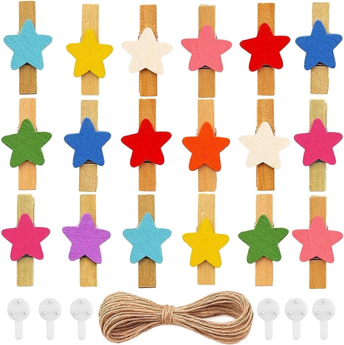 50 stuks mini-sterren, kleurrijke houten knijpers, doe-het-zelf fotoklemmen, wasknijpers, hout met 10 m natuurlijk - ShopVlot
