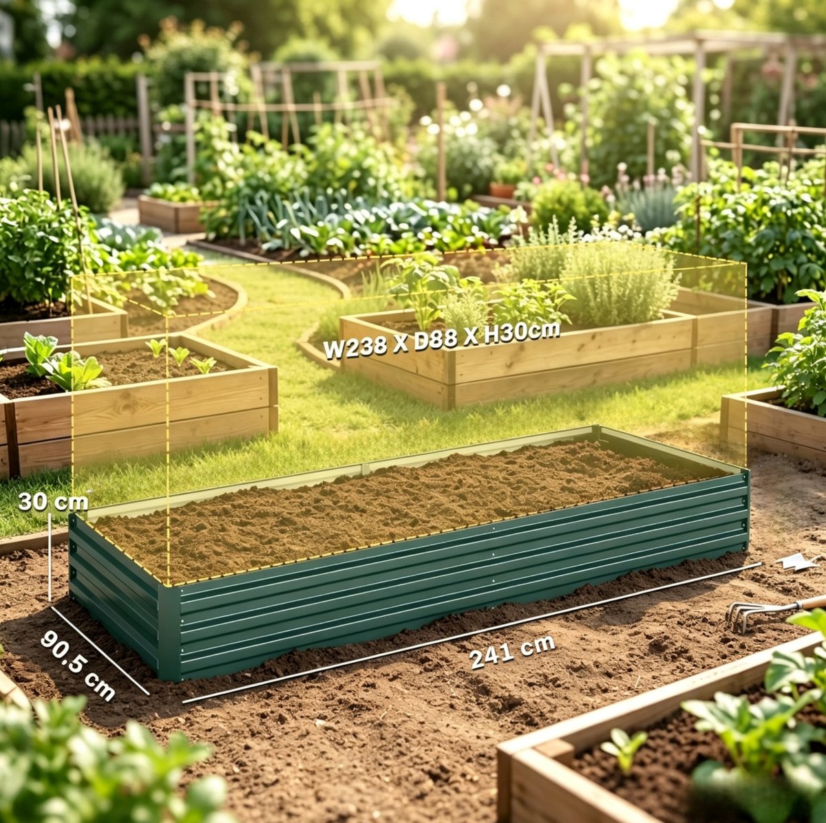 OKWISH Moestuinbak Verhoogd - Ruim 241 x 90,5 x 30 cm - Metaal - Donkergroen - Voor Groenten, Kruiden En Bloemen - Modulair Ontwerp