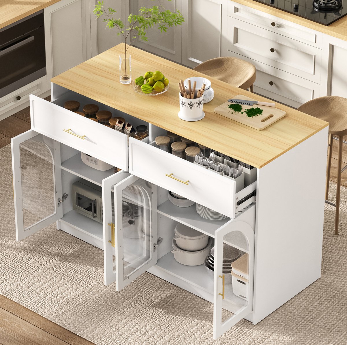 MIVRAY Keukeneiland - Vrijstaand Design Met Ledverlichting En Verstelbare Planken - Voor Keuken En Eetkamer - MDF - Wit - 135x55x91 Cm