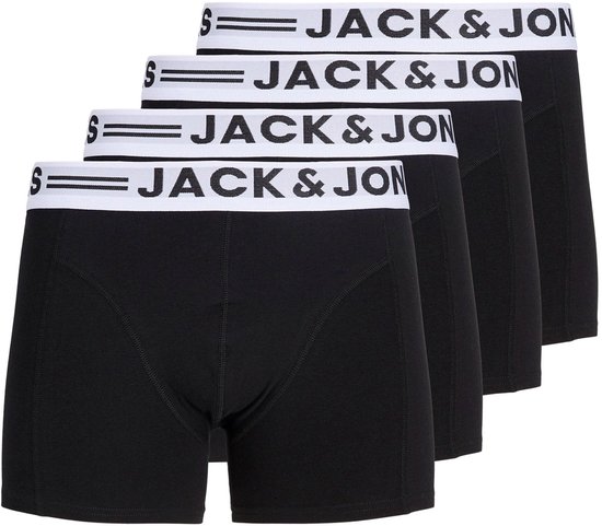 Vier zwarte boxershorts met een witte elastische tailleband met JACK & JONES tekst en streepdetail.