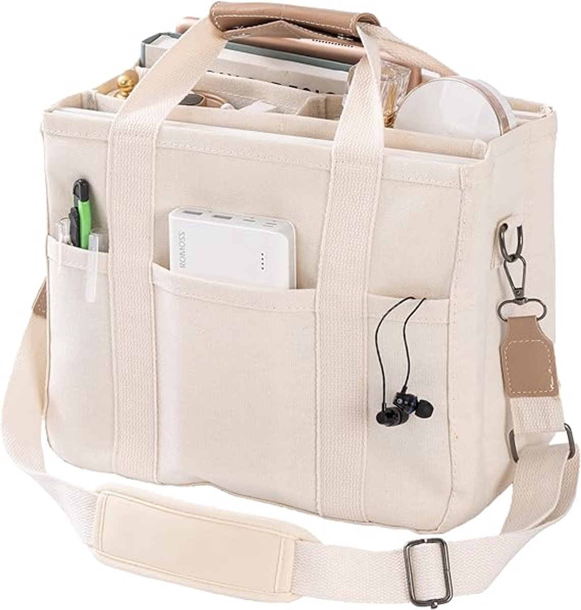 Canvas Handtas - Tote Bag - Canvas Tas - Handtas - Meerdere Zakken - Grote Capaciteit - Multivakken Tas - Verstelbaar - Meerdere Compartimenten - Voor Forenzen - Handheld, Schoudertas, Crossbody Tas - 30×16×24cm