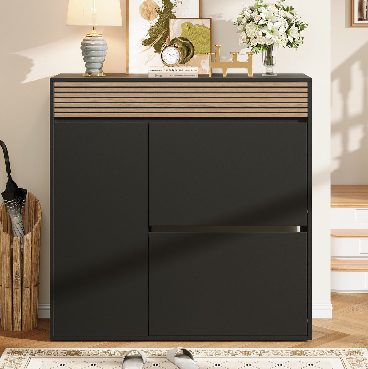 MIVRAY Schoenenkast - Smal Design Met Lade En 2 Klepvakken - Voor Hal En Entree - MDF En Spaanplaat - 100x35x105 Cm - Zwart Naturel