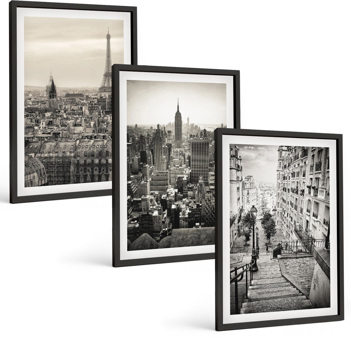 Tulup 4-Delige Schilderij Set - Stadsgezichten Parijs New York en charmante trappen - 40 x 60 cm - Decoratieve Schilderijen - Wanddecoratie - Hal