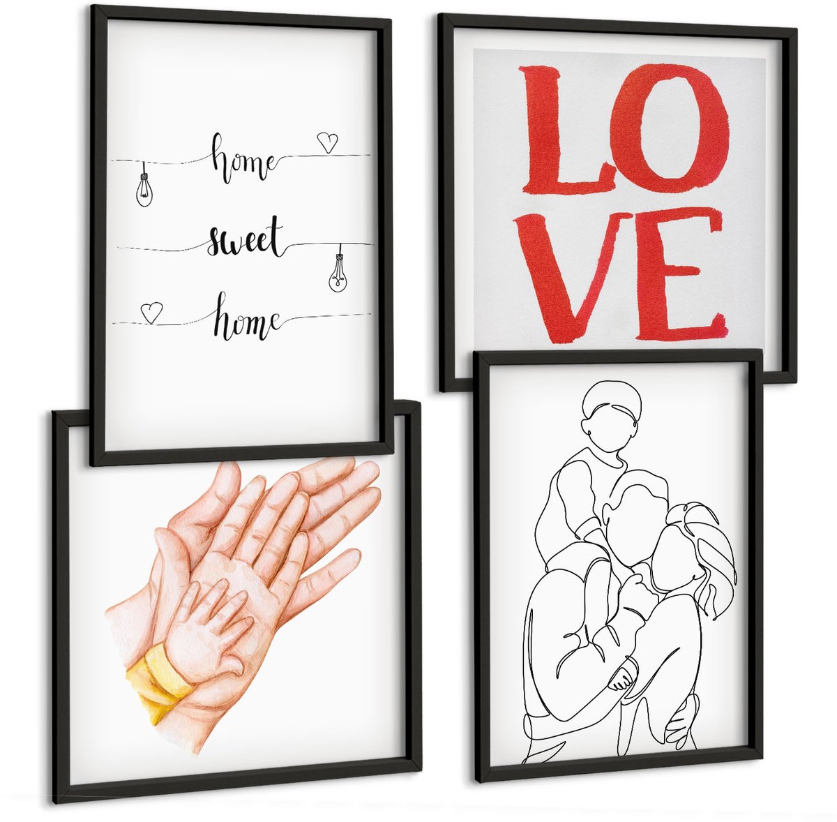 Tulup 4-Delige Schilderij Set - Familie-illustraties, huisinscripties, over leven en liefde. - 40 x 40 cm en 40 x 60 cm - Wanddecoratie - Muurdecoratie - Woonkamer - Interieur Decoratie