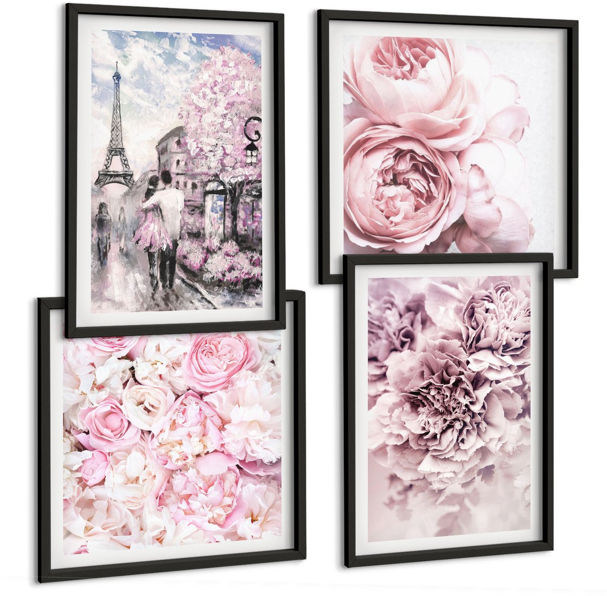 Tulup 4-Delige Schilderij Set - Bloemen in verschillende tinten roze, romantisch landschap - 40 x 40 cm en 40 x 60 cm - Stijlvolle Wanddecoratie - Interieur - Moderne Wanddecoratie