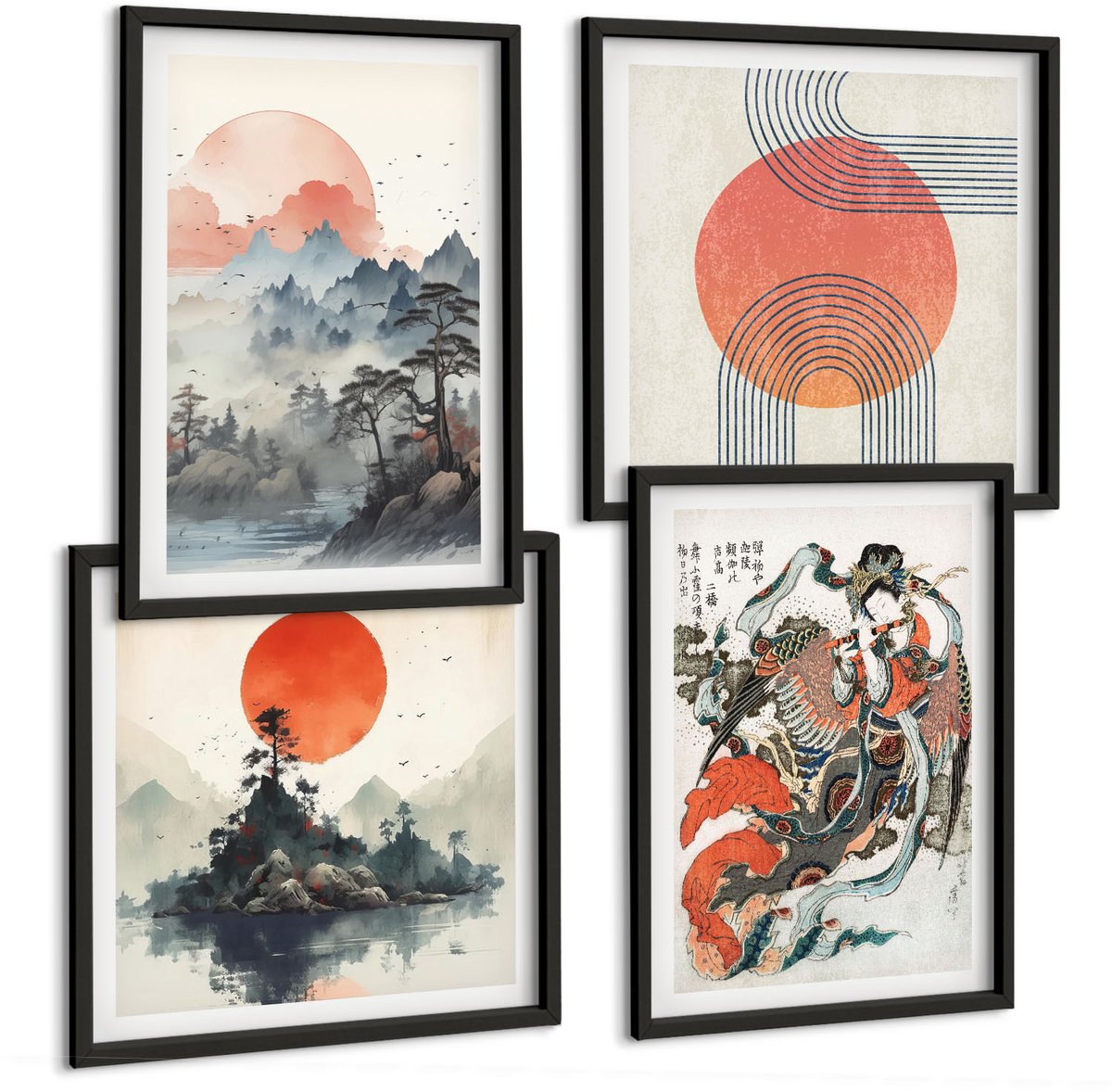 Tulup 4-Delige Schilderij Set - Aziatische schilderijen: landschappen en portretten in de Japandi-stijl. - 40 x 40 cm en 40 x 60 cm - Stijlvolle Wanddecoratie - Interieur - Muurdecoratie