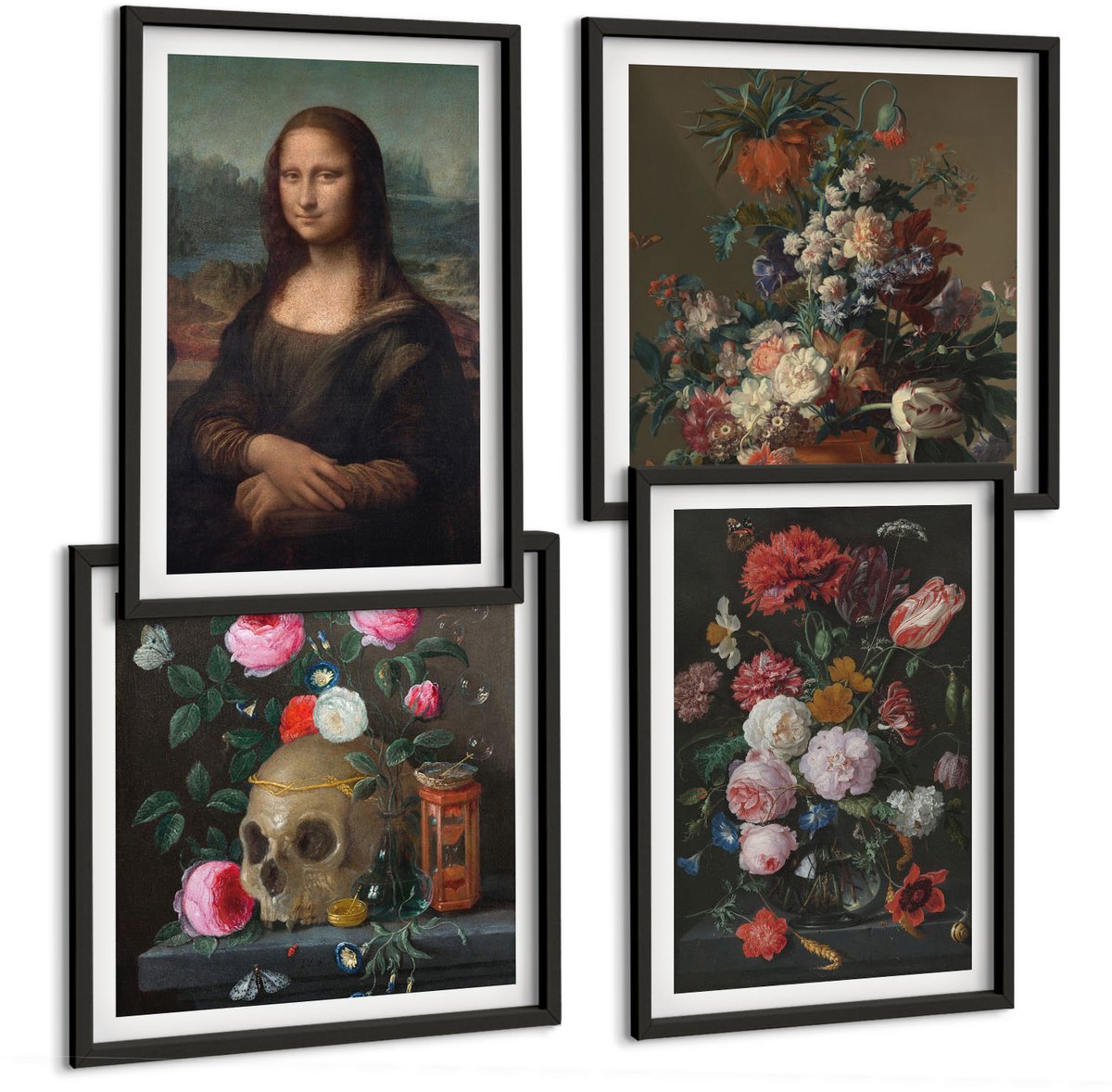 Tulup 4-Delige Schilderij Set - Vintage bloemen, schedel en Mona Lisa-portret van Leonardo Da Vinci - 40 x 40 cm en 40 x 60 cm - Wanddecoratie - Schilderijen Set - Interieur - Interieur Decoratie