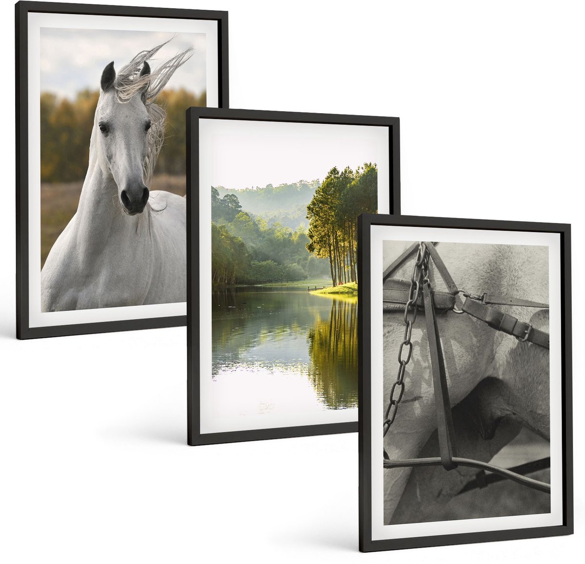 Tulup 4-Delige Schilderij Set - Witte paarden aan de rivier - Natuurlandschap - 40 x 60 cm - Stijlvolle Wanddecoratie - Interieur - Woonkamer Decoratie