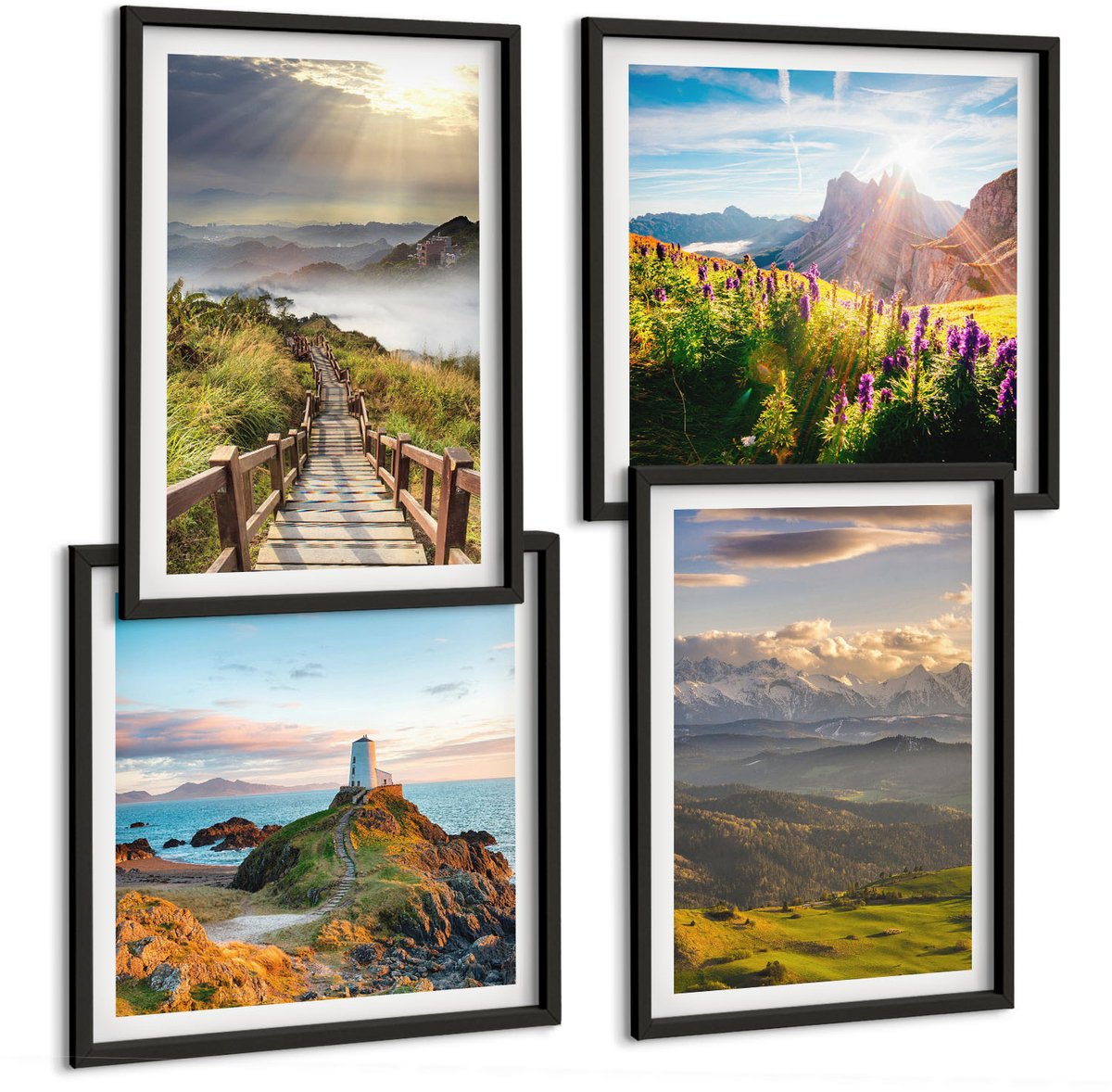 Tulup 4-Delige Schilderij Set - Berglandschappen met bloemen, lucht en pad. - 40 x 40 cm en 40 x 60 cm - Moderne Wanddecoratie - Woonkamer - Woonkamer Decoratie