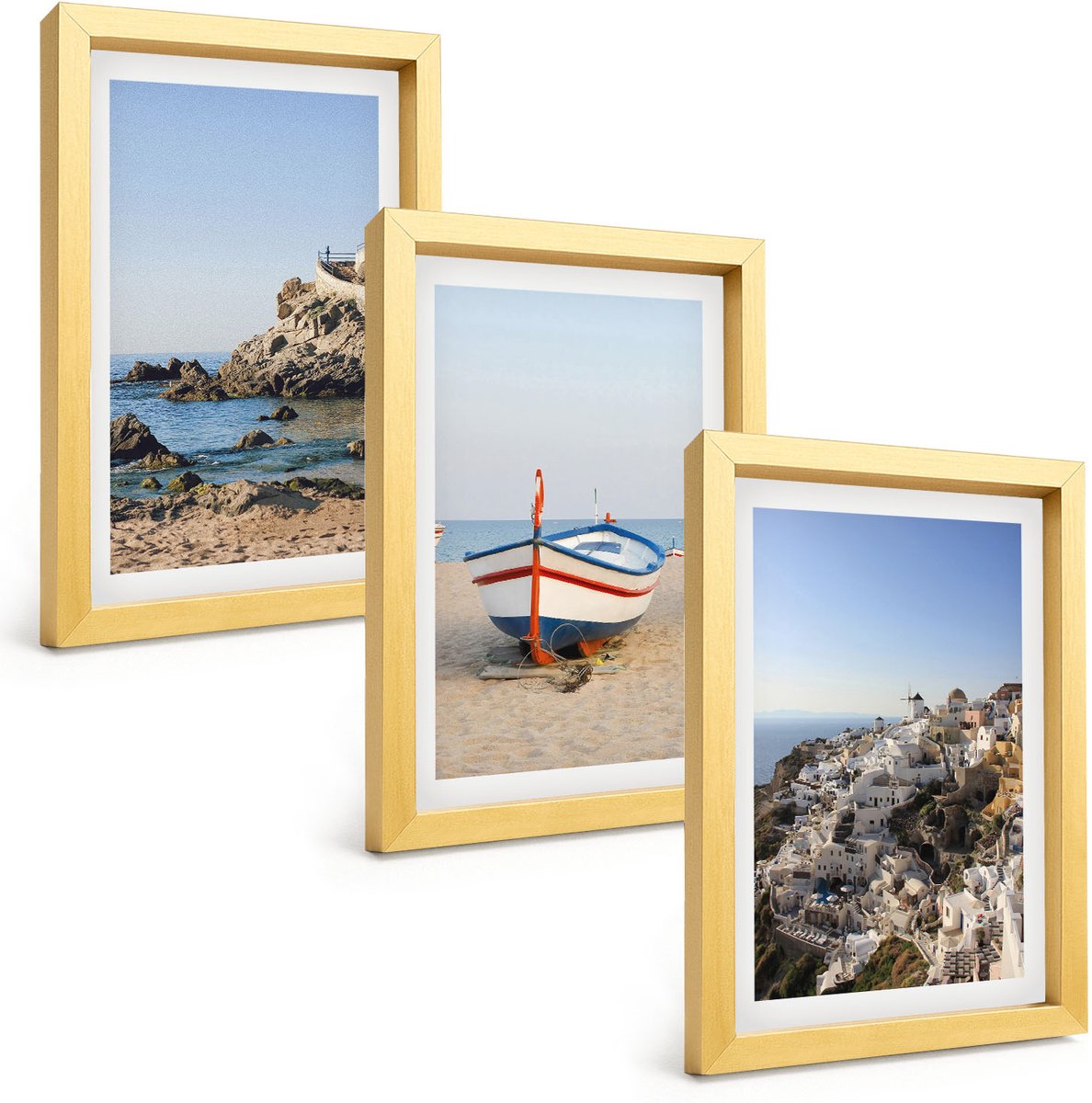 TULUP 4-Delige Schilderij Set - Uitzicht op zee met boten en witte huizen in Griekenland - 20 x 30 cm - Muurdecoratie - Schilderijen Set - Woonkamer - Wanddecoratie Gouden lijst